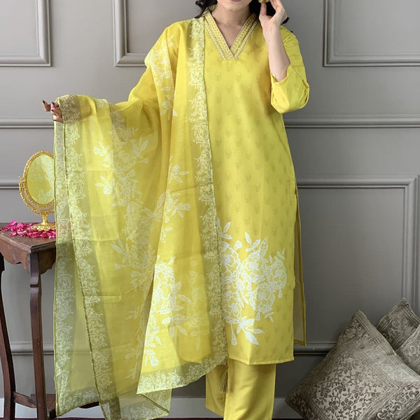 Vellora Viscose Rayon Yellow Casual Wear Embroidery Work Readymade Suit - Distacart