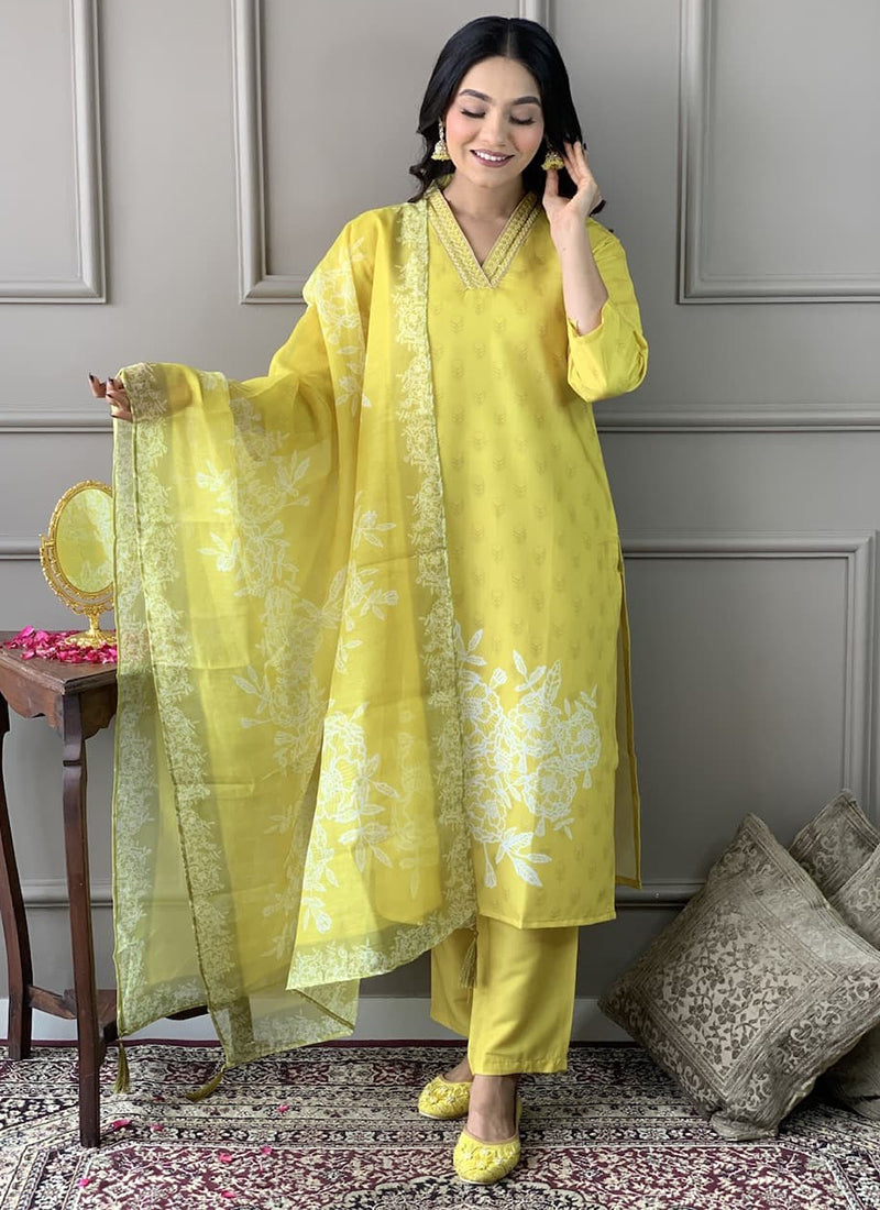 Vellora Viscose Rayon Yellow Casual Wear Embroidery Work Readymade Suit