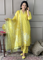 Thumbnail for Vellora Viscose Rayon Yellow Casual Wear Embroidery Work Readymade Suit