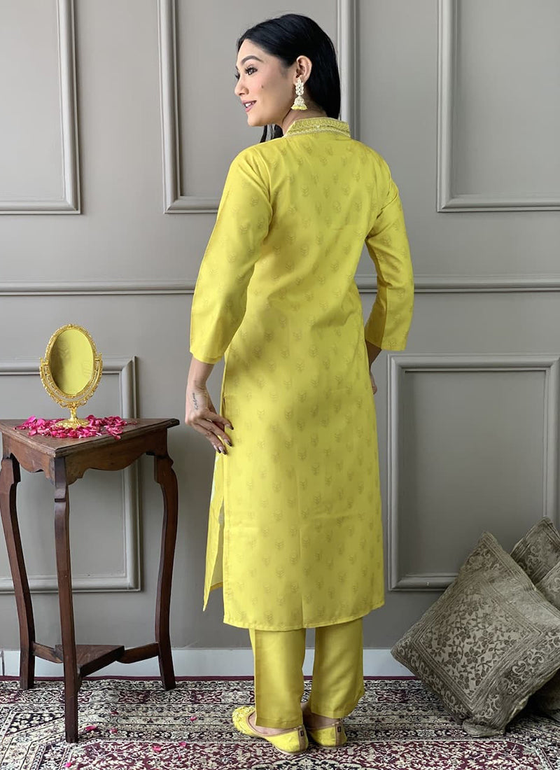 Vellora Viscose Rayon Yellow Casual Wear Embroidery Work Readymade Suit