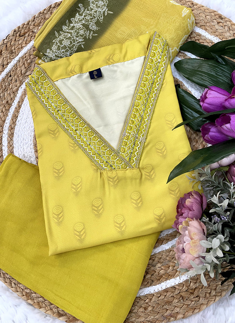 Vellora Viscose Rayon Yellow Casual Wear Embroidery Work Readymade Suit