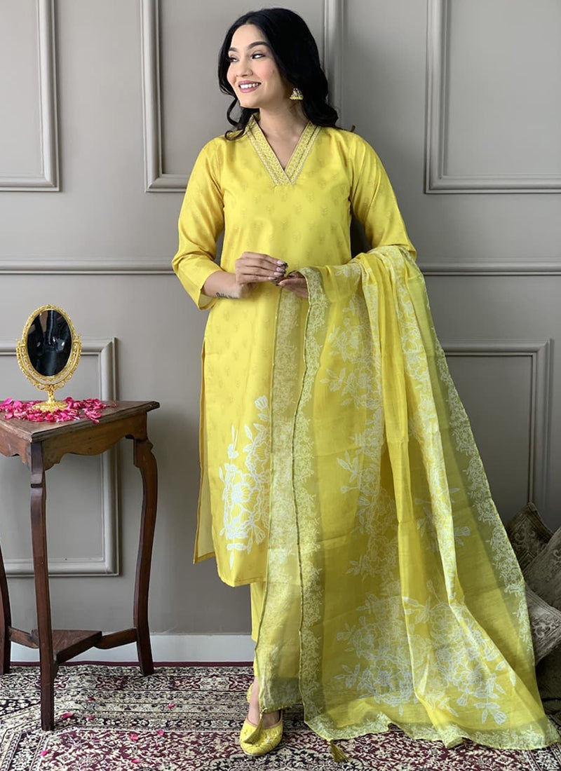 Vellora Viscose Rayon Yellow Casual Wear Embroidery Work Readymade Suit