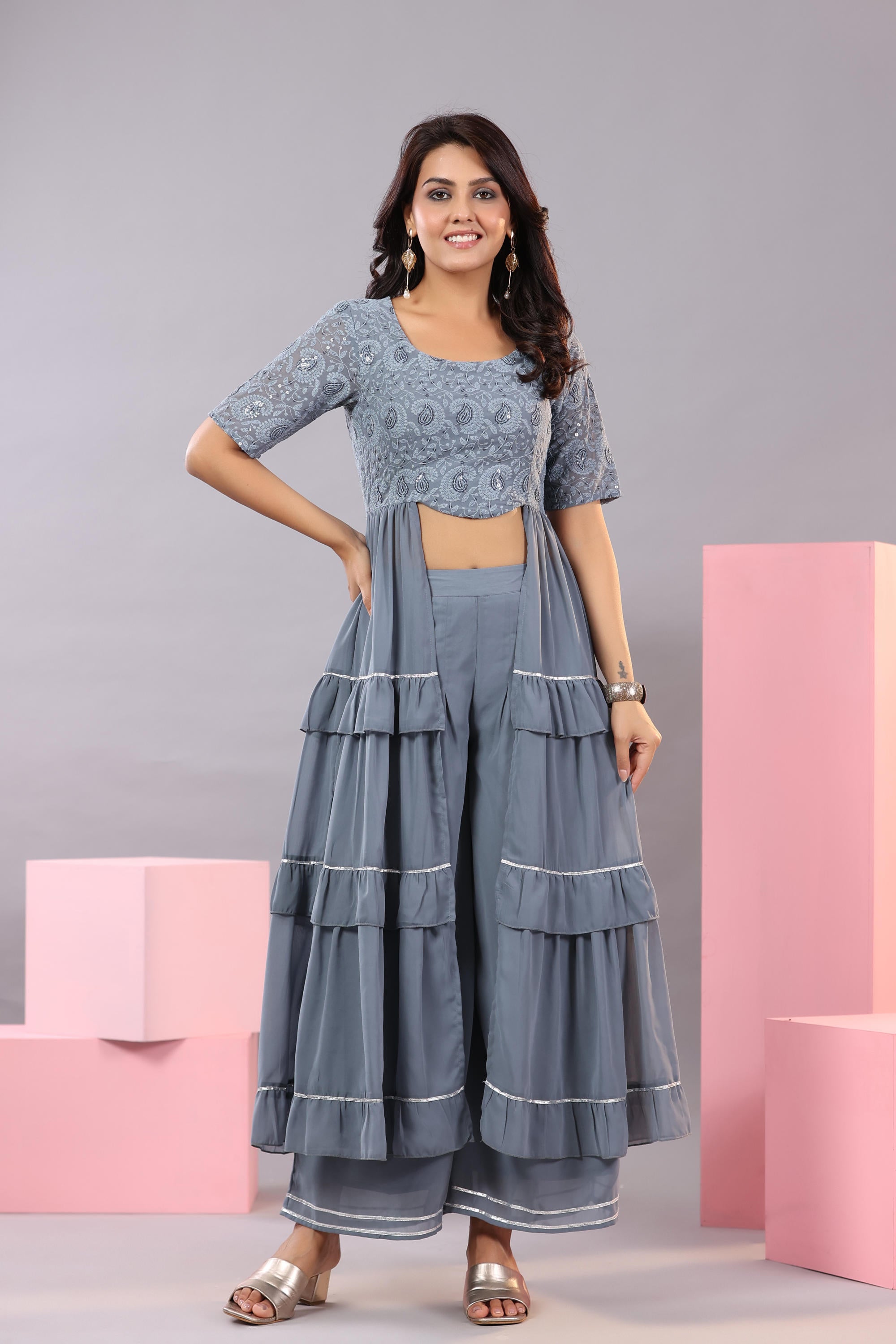 Juniper Women's Grey Thread Embroidered Georgette Dress & Palazzo Set With Sequins & Lace - Distacart