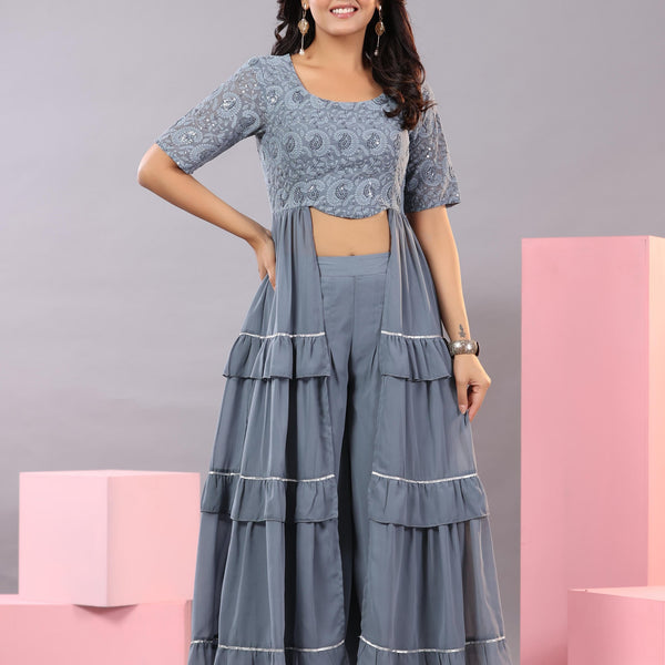 Juniper Women's Grey Thread Embroidered Georgette Dress & Palazzo Set With Sequins & Lace - Distacart