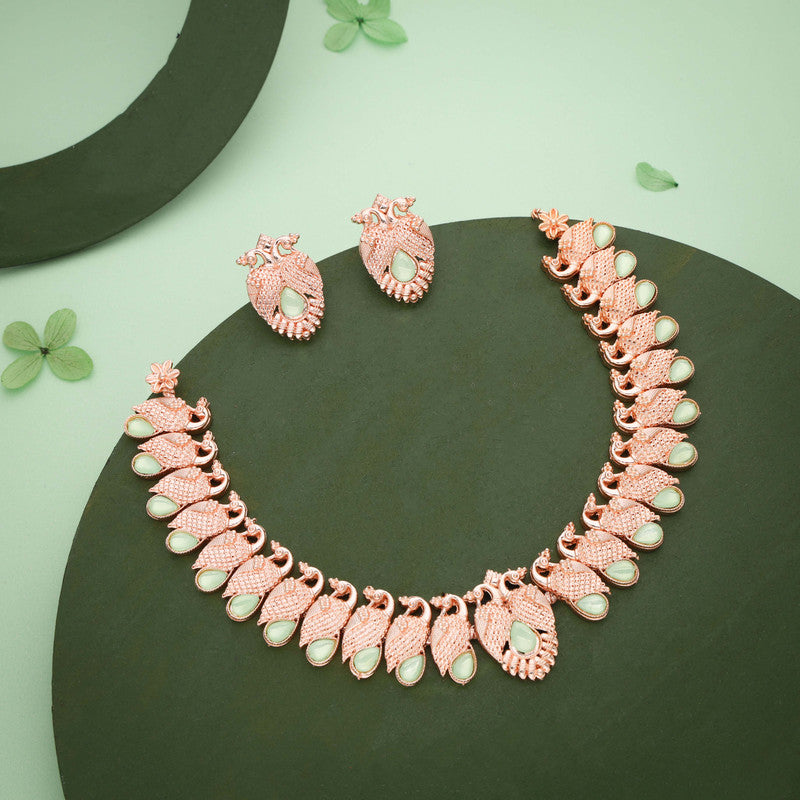 Tehzeeb Creations Rose Gold Sea Green Colour Necklace With Pair Of Earrings - Distacart