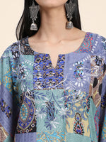 Thumbnail for HOUSE OF KARI Ethnic Motifs Printed Notched Neck Chikankari Embroidery Cotton Kaftan Kurta - Distacart