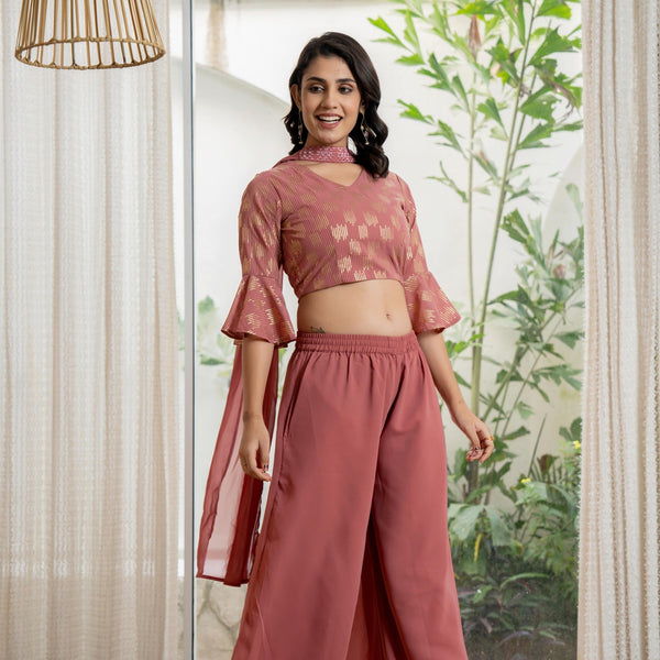 Juniper Women's Peach Solid Georgette Kurta Pant & Dupatta Set With Sequins & Thread Work - Distacart
