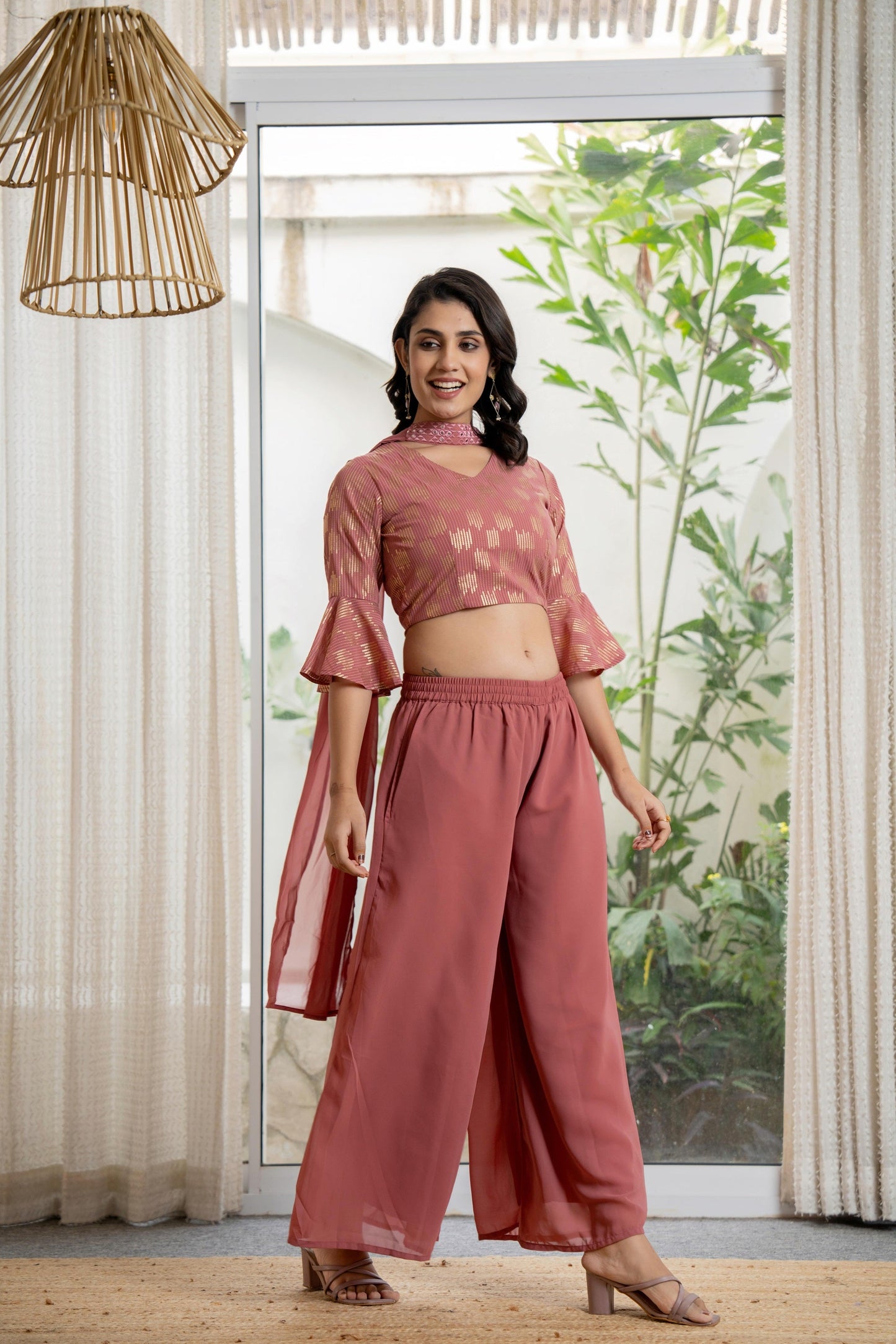 Juniper Women's Peach Solid Georgette Kurta Pant & Dupatta Set With Sequins & Thread Work - Distacart