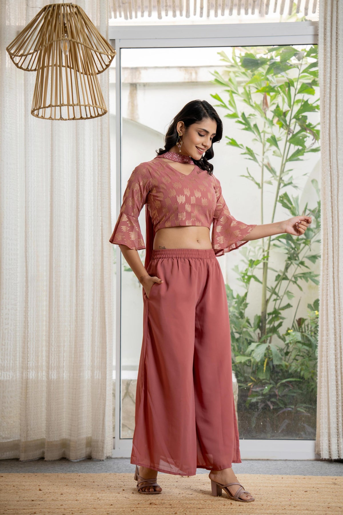 Juniper Women's Peach Solid Georgette Kurta Pant & Dupatta Set With Sequins & Thread Work - Distacart