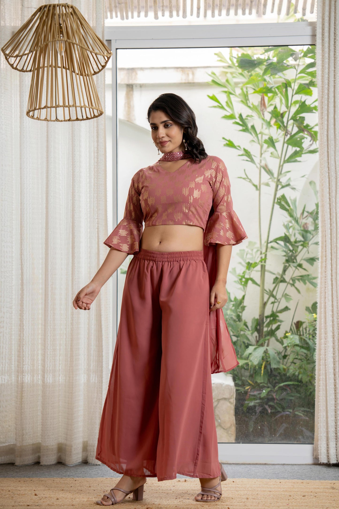 Juniper Women's Peach Solid Georgette Kurta Pant & Dupatta Set With Sequins & Thread Work - Distacart