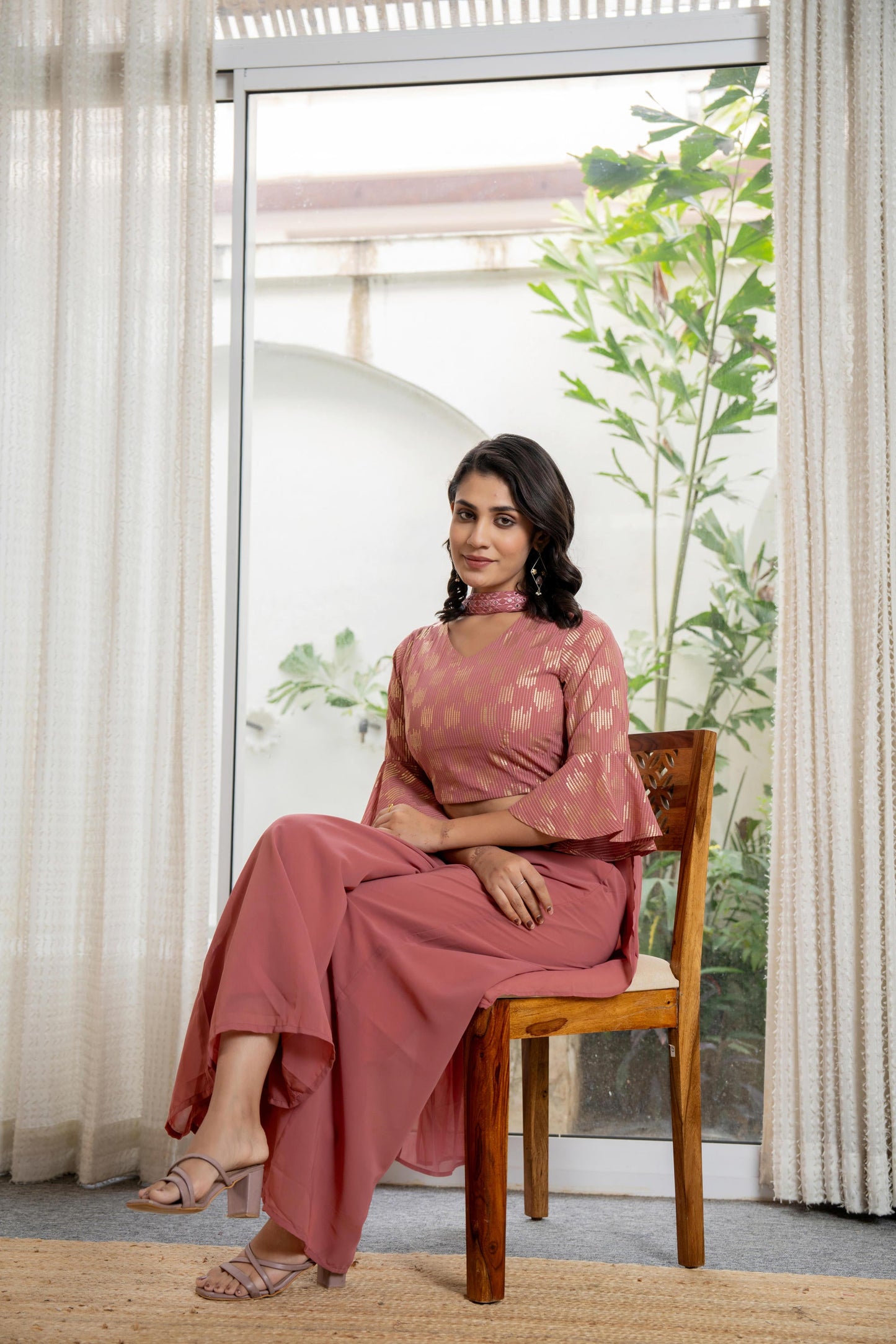 Juniper Women's Peach Solid Georgette Kurta Pant & Dupatta Set With Sequins & Thread Work - Distacart