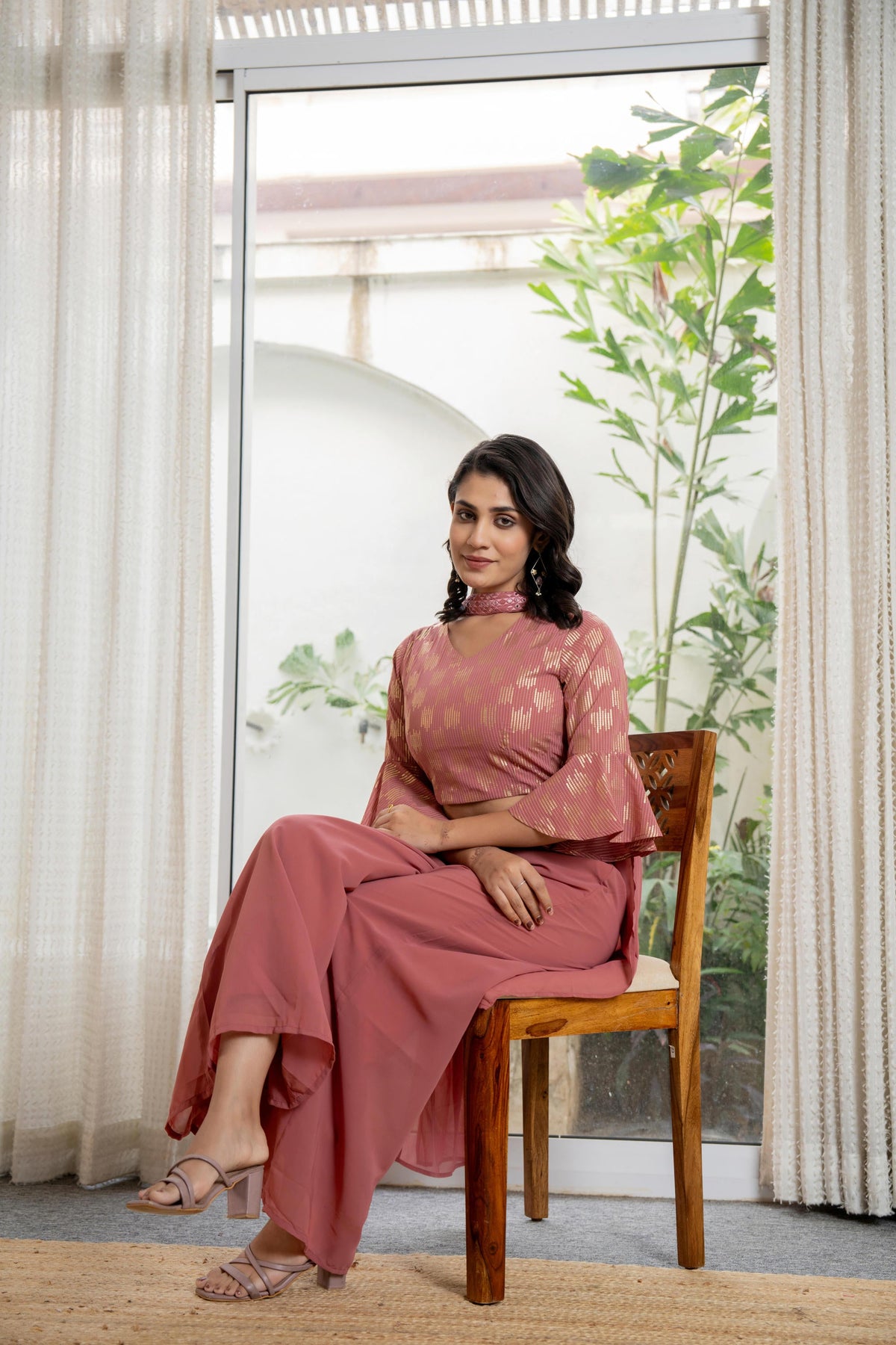 Juniper Women's Peach Solid Georgette Kurta Pant & Dupatta Set With Sequins & Thread Work - Distacart