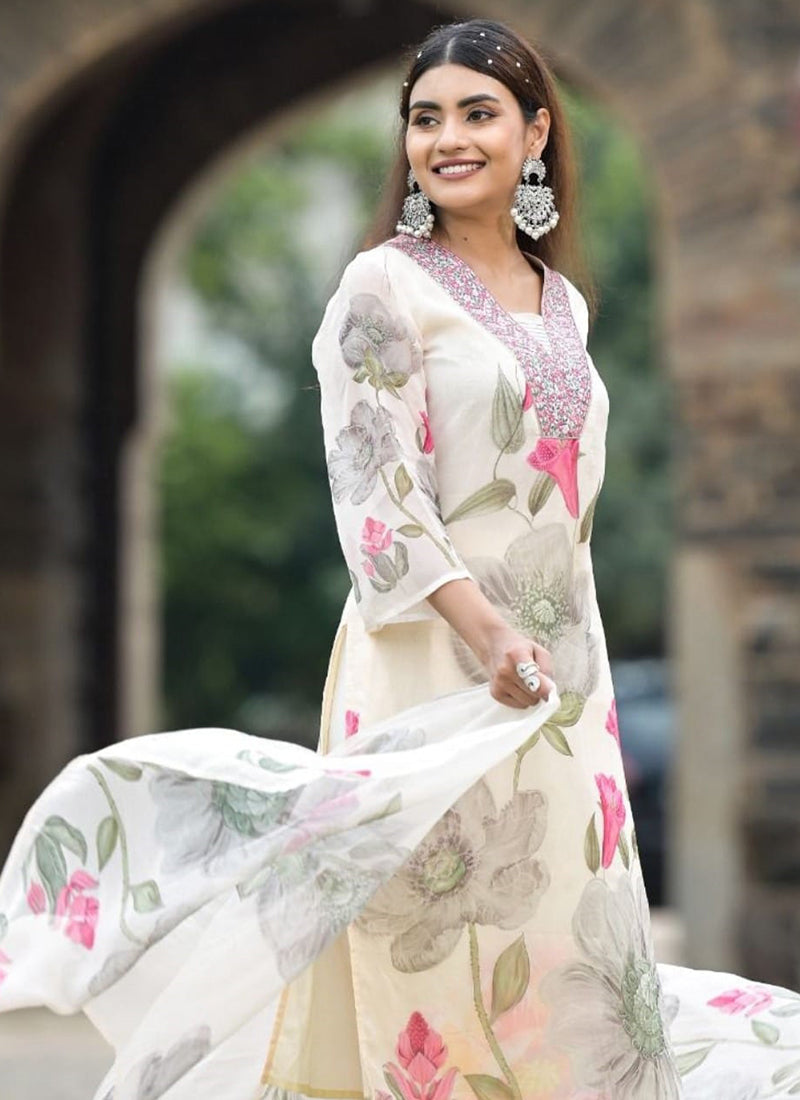 Vellora Georgette White Casual Wear Embroidery Work Readymade Suit