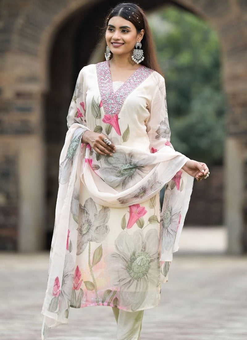 Vellora Georgette White Casual Wear Embroidery Work Readymade Suit