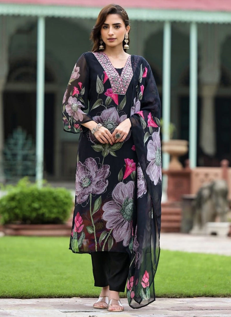 Vellora Georgette Black Casual Wear Embroidery Work Readymade Suit