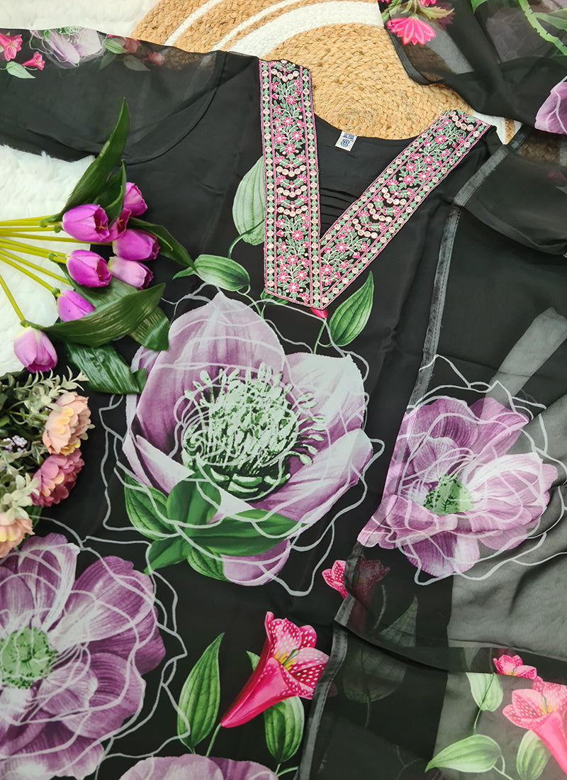 Vellora Georgette Black Casual Wear Embroidery Work Readymade Suit