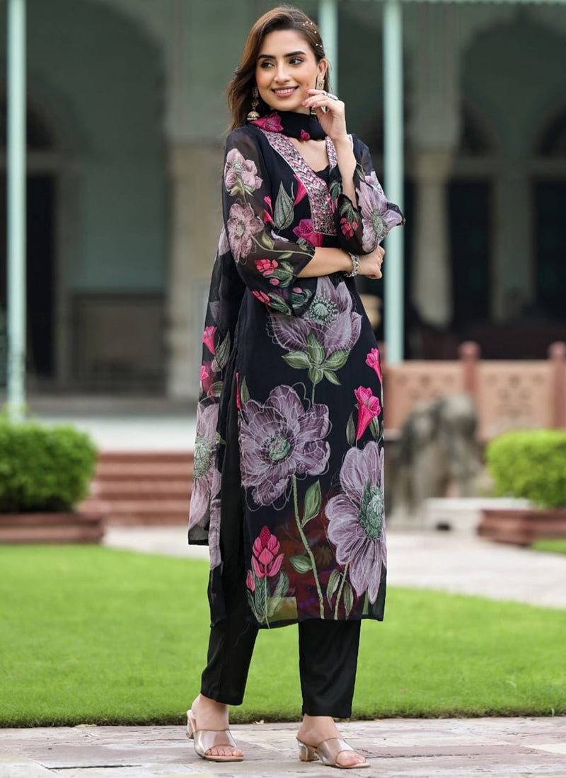 Vellora Georgette Black Casual Wear Embroidery Work Readymade Suit