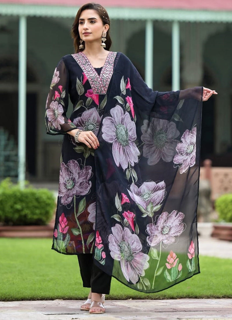 Vellora Georgette Black Casual Wear Embroidery Work Readymade Suit