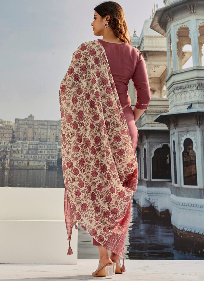Vellora Cotton Silk Rose Pink Casual Wear Embroidery Work Readymade Suit