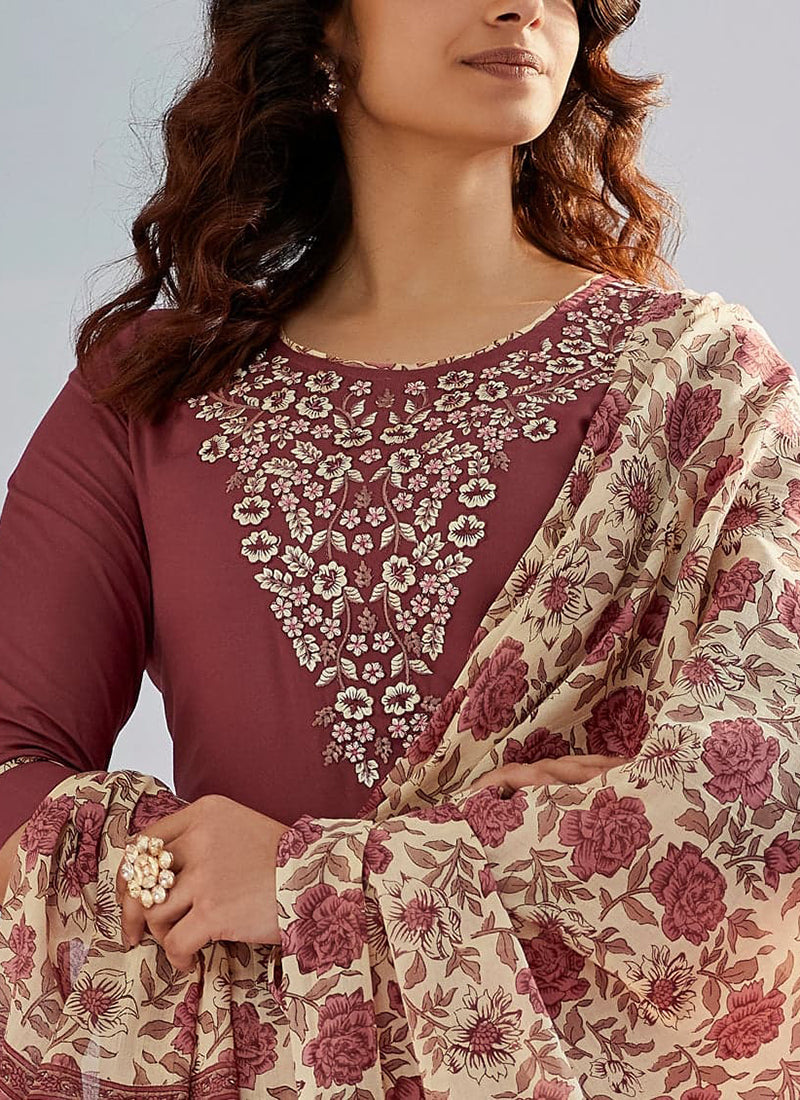 Vellora Cotton Silk Rose Pink Casual Wear Embroidery Work Readymade Suit