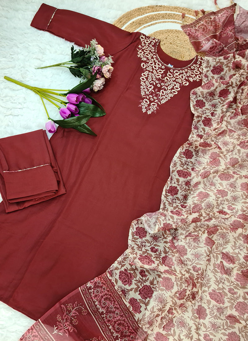 Vellora Cotton Silk Rose Pink Casual Wear Embroidery Work Readymade Suit