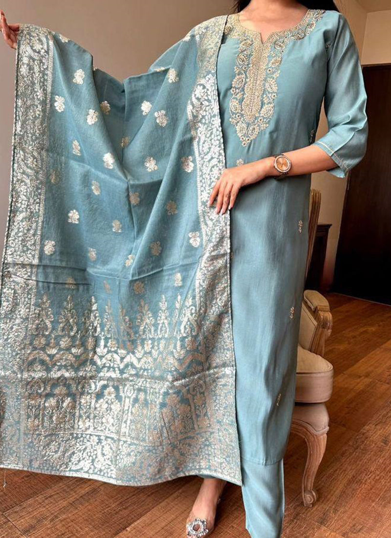 Vellora Viscose Chanderi Sky Blue Festival Wear Embroidery Work Readymade Suit
