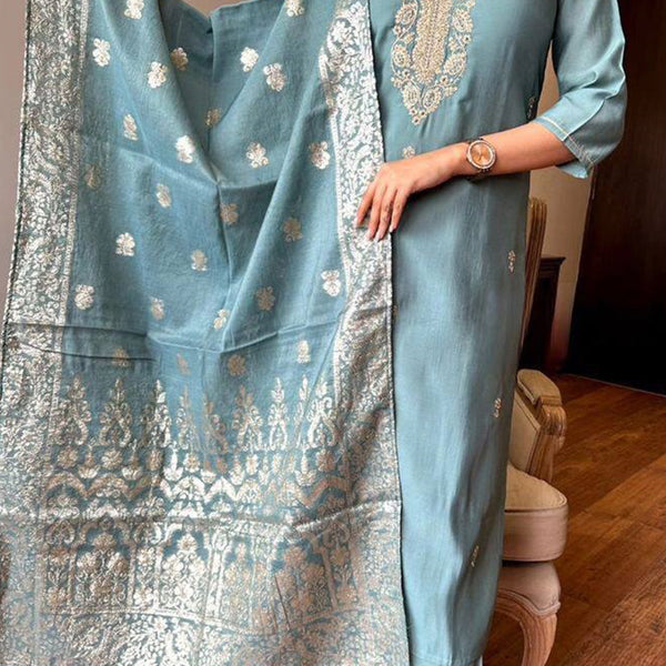 Vellora Viscose Chanderi Sky Blue Festival Wear Embroidery Work Readymade Suit - Distacart