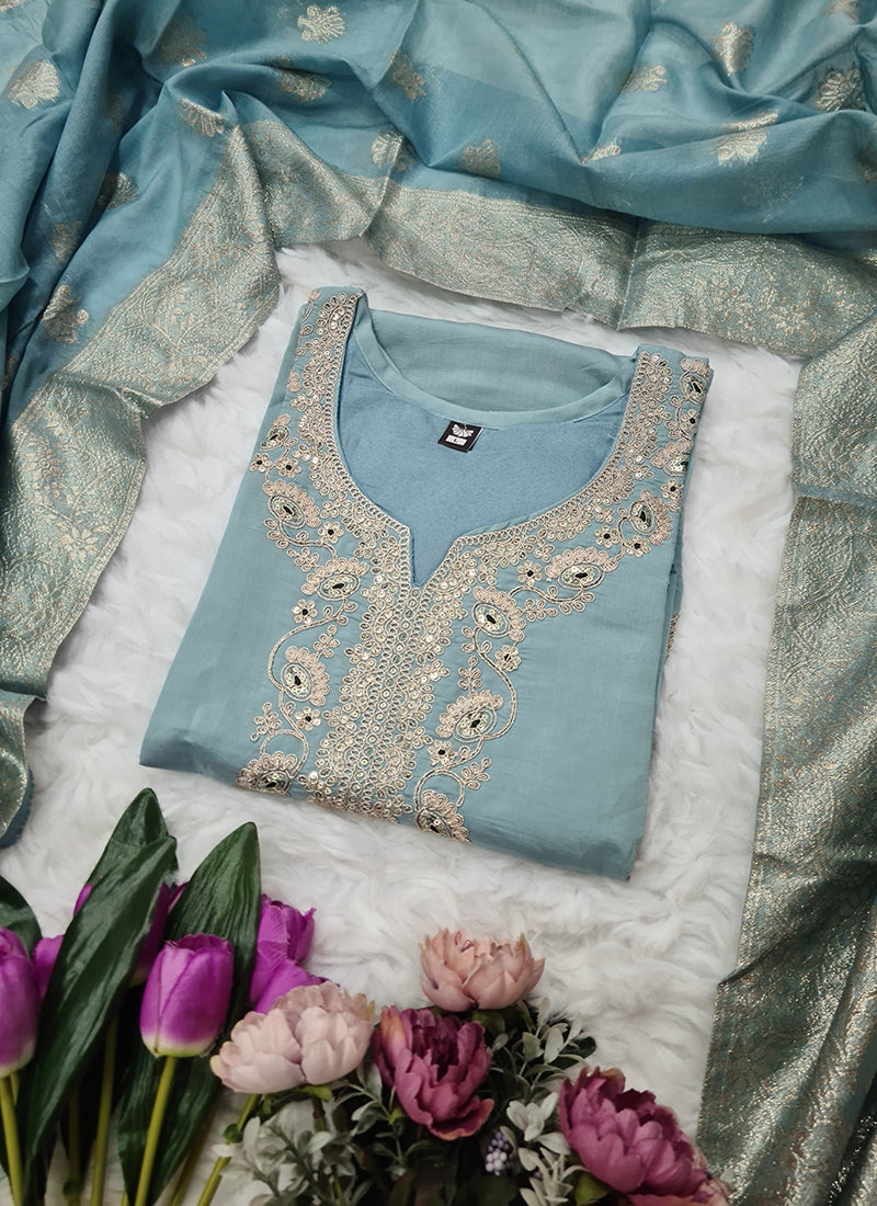 Vellora Viscose Chanderi Sky Blue Festival Wear Embroidery Work Readymade Suit