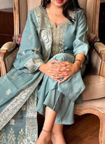 Thumbnail for Vellora Viscose Chanderi Sky Blue Festival Wear Embroidery Work Readymade Suit