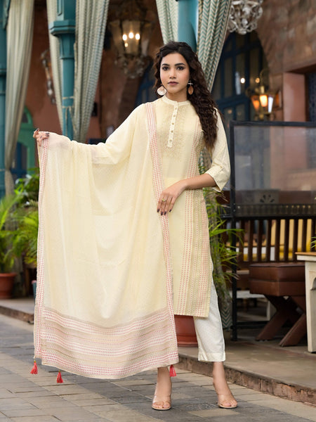 Juniper Women's Ivory Ethnic Motif Printed Liva Rayon Kurta Set With Buttons & Tassels - Distacart