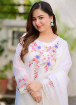 Thumbnail for Vellora Georgette White Casual Wear Embroidery Work Readymade Kurti Set