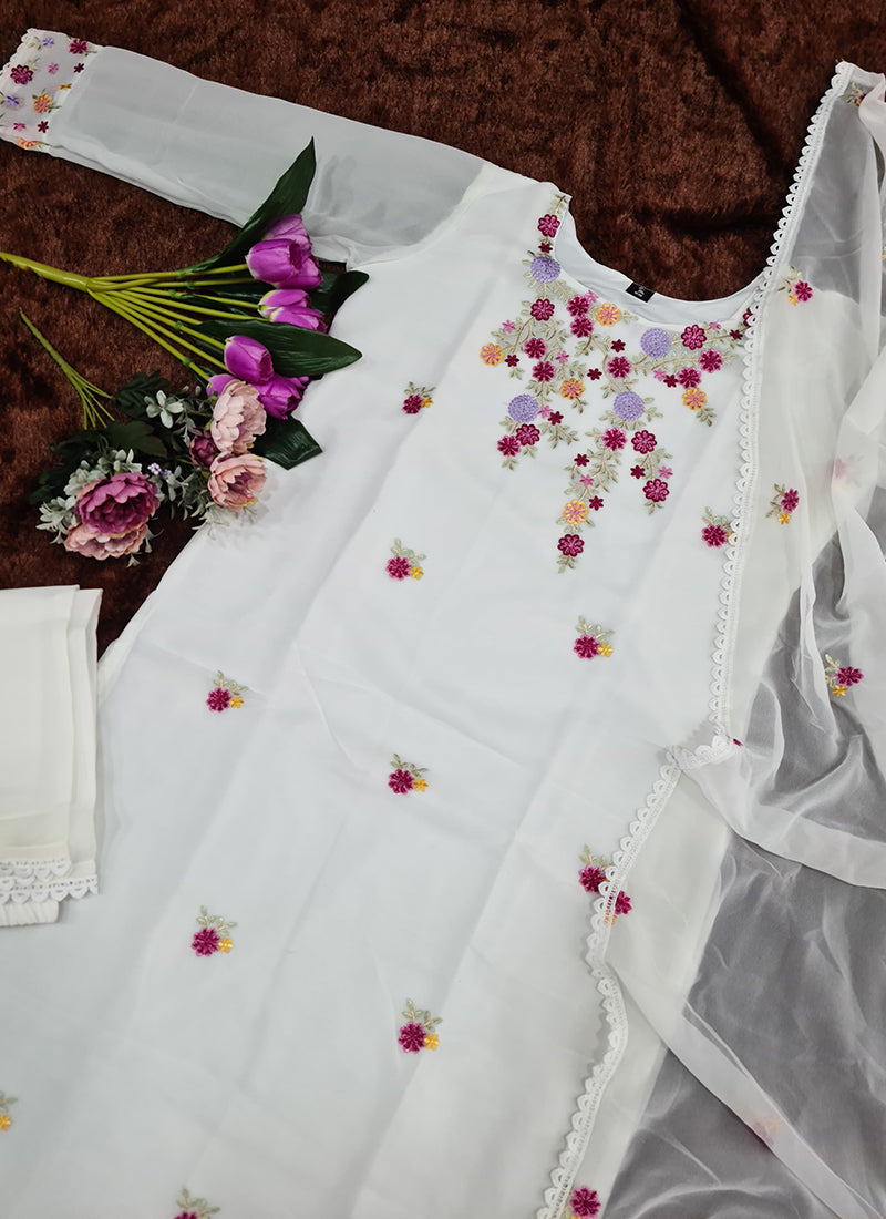 Vellora Georgette White Casual Wear Embroidery Work Readymade Kurti Set