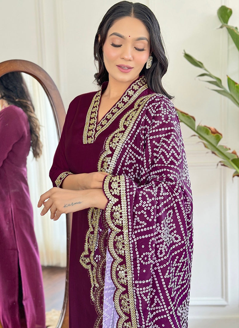 Vellora Viscose Silk Wine Casual Wear Bandhani Print Readymade Suit