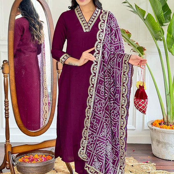 Vellora Viscose Silk Wine Casual Wear Bandhani Print Readymade Suit - Distacart