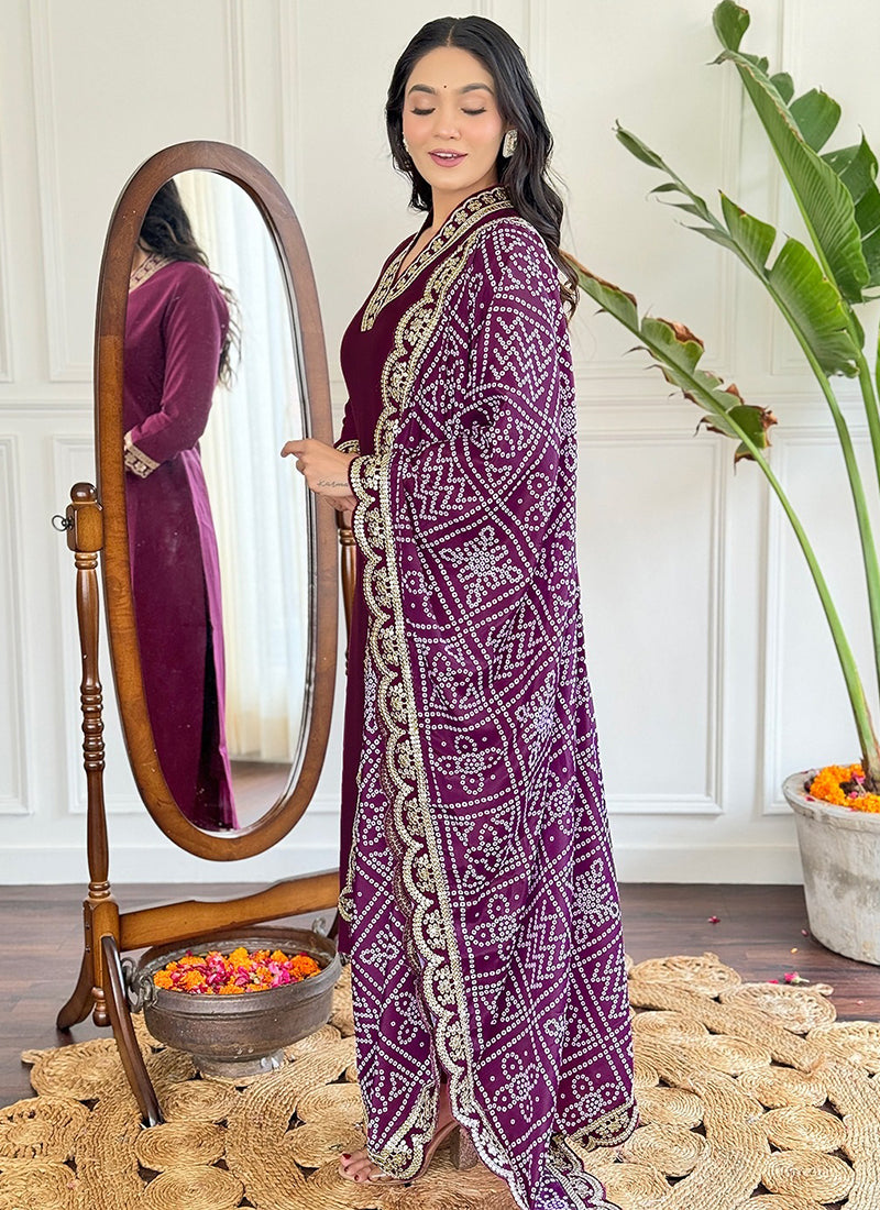 Vellora Viscose Silk Wine Casual Wear Bandhani Print Readymade Suit