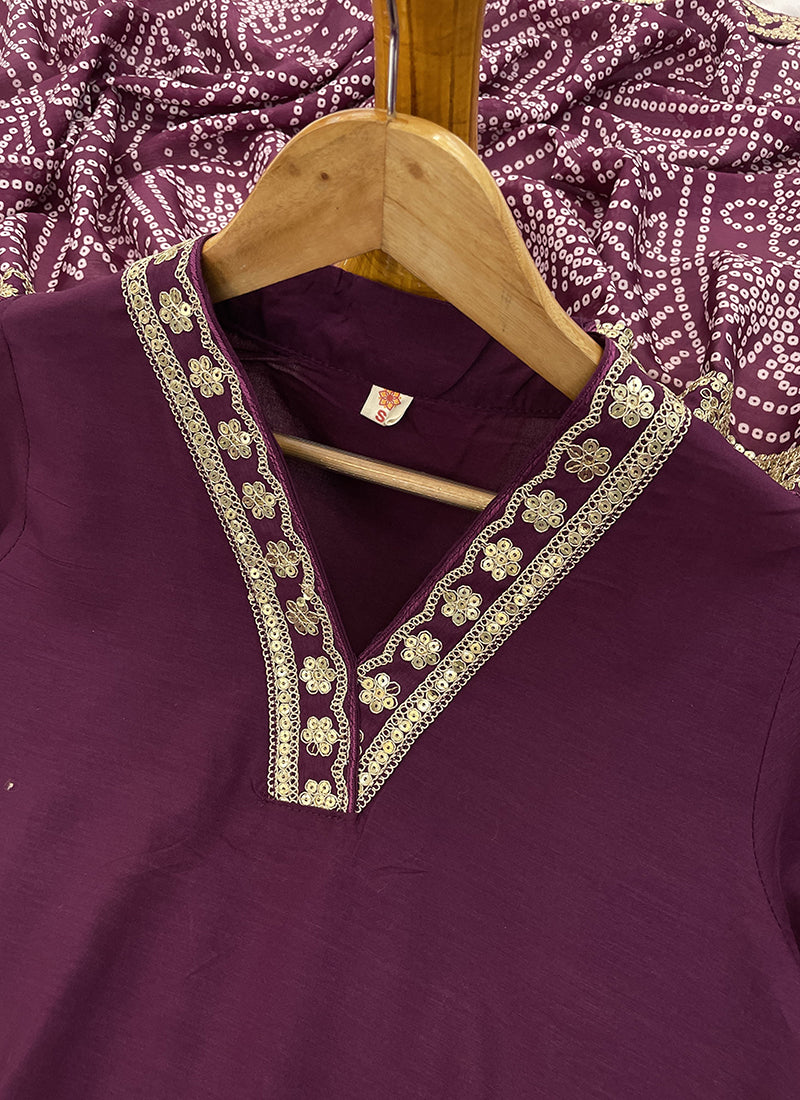 Vellora Viscose Silk Wine Casual Wear Bandhani Print Readymade Suit