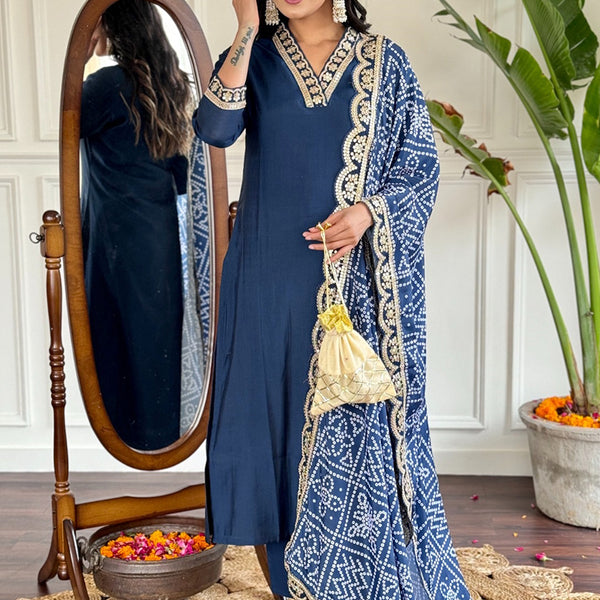 Vellora Viscose Silk Blue Casual Wear Bandhani Print Readymade Suit - Distacart