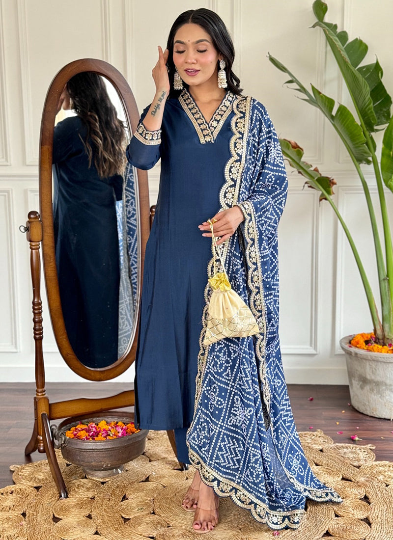 Vellora Viscose Silk Blue Casual Wear Bandhani Print Readymade Suit