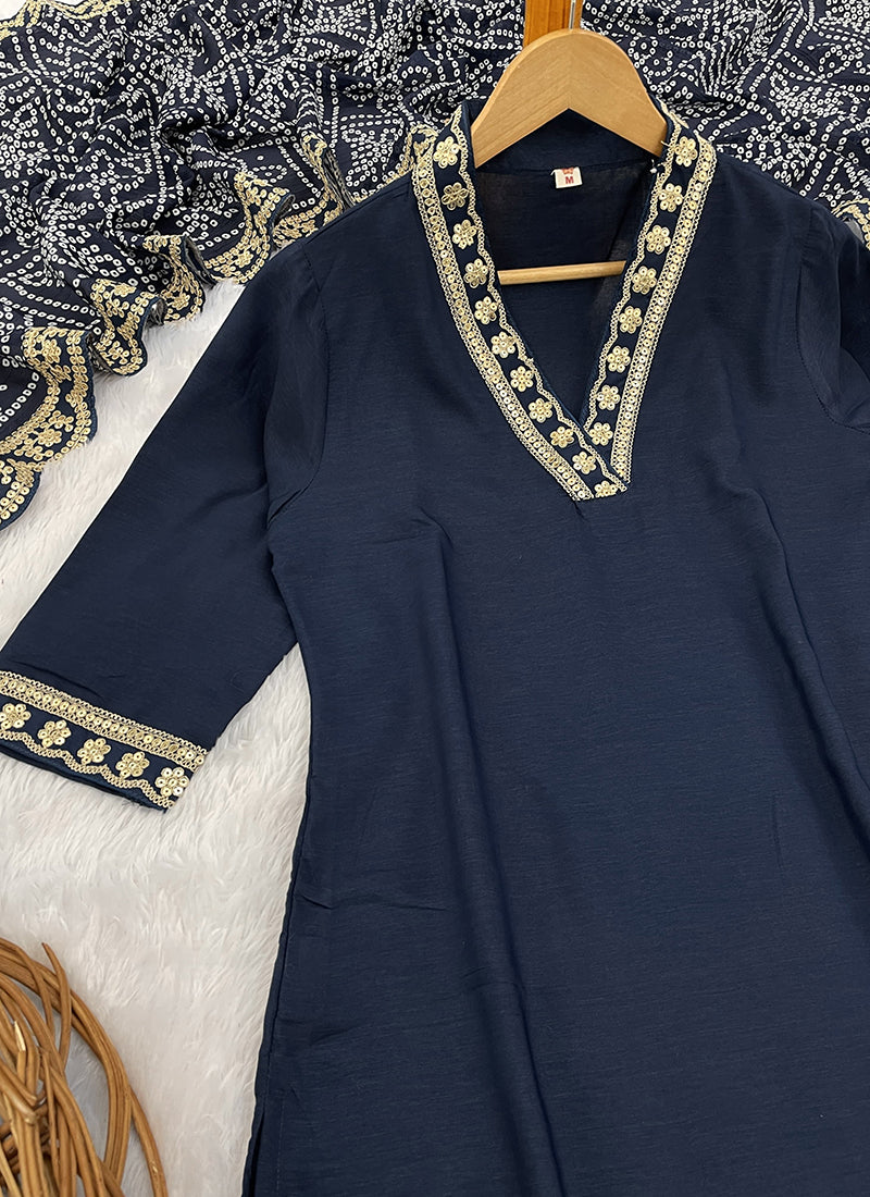 Vellora Viscose Silk Blue Casual Wear Bandhani Print Readymade Suit