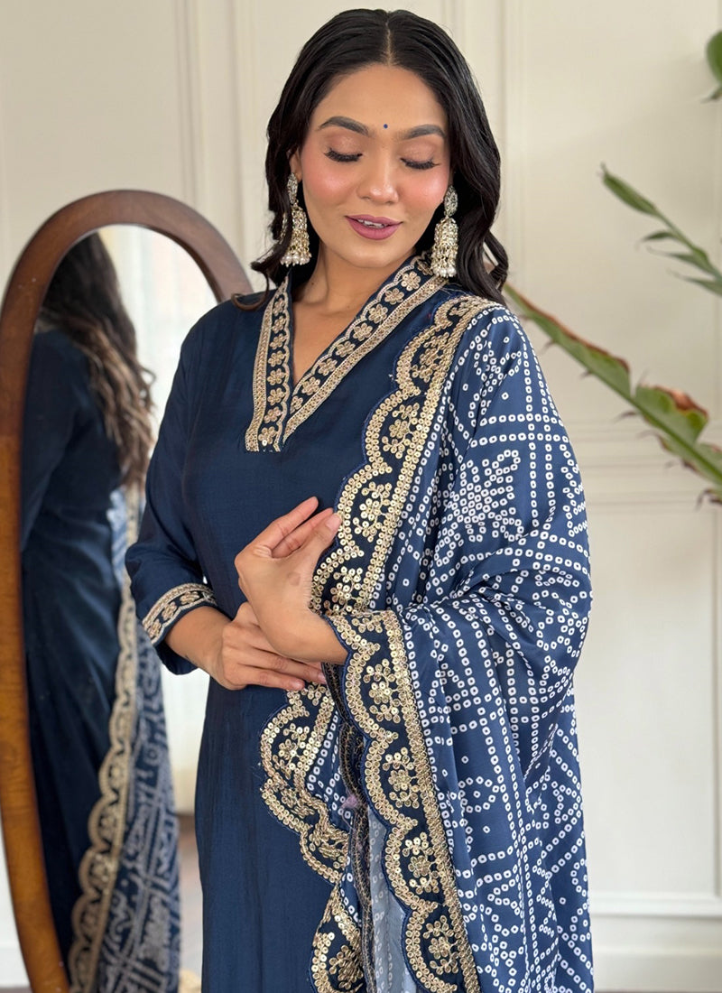 Vellora Viscose Silk Blue Casual Wear Bandhani Print Readymade Suit