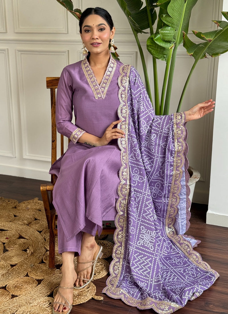 Vellora Viscose Silk Lavender Casual Wear Bandhani Print Readymade Suit
