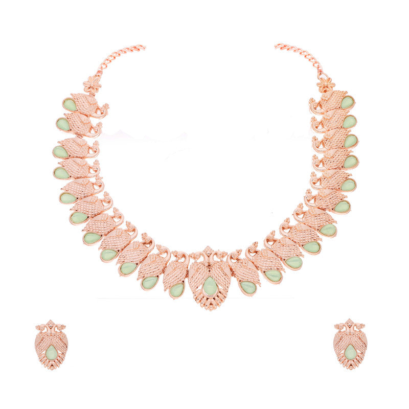 Tehzeeb Creations Rose Gold Sea Green Colour Necklace With Pair Of Earrings - Distacart