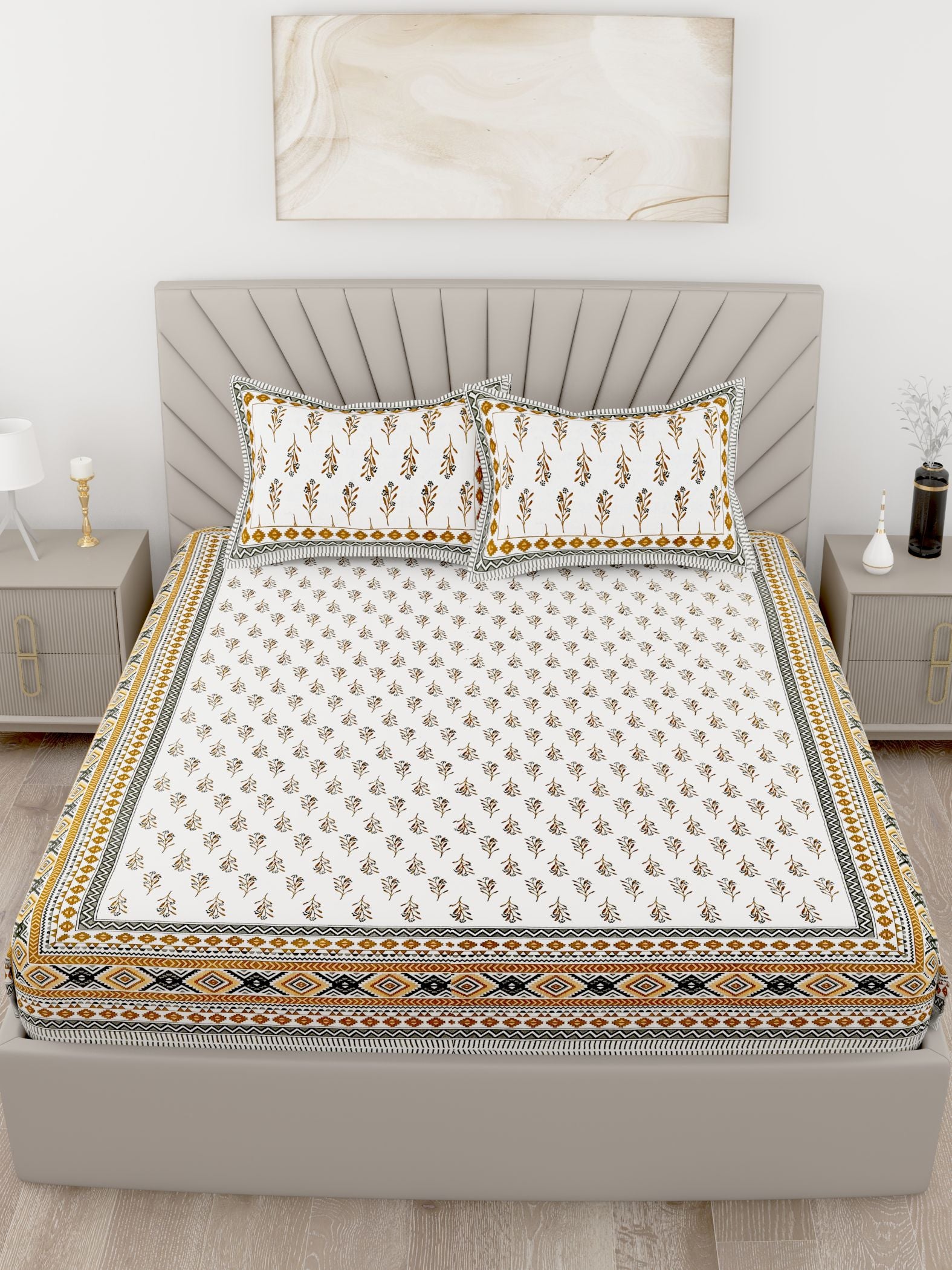 Brown White Leaf Design Cotton 200TC King Bedsheet With 2 Zipper Pillow Covers - King Size by House of Ree - Distacart