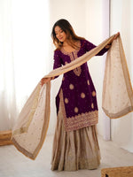 Thumbnail for Lehenga Mart Designer Sharara Suit With Kurta, Sharara, Dupatta For Women-Wine - Distacart
