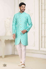 Thumbnail for Raivat Ethnic Banarasi Jacquard Embroidery Semi Indo Western Sherwani In Green Colour