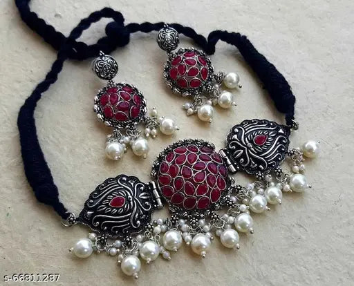 Tehzeeb Creations Women's Maroon Colour Meenakari Necklace Set With White Pearl - Distacart