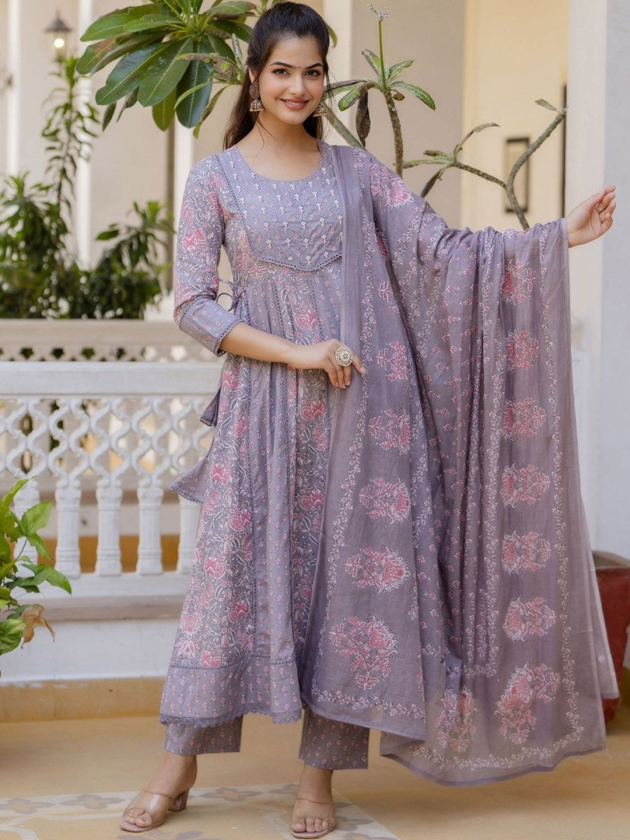 Anouk Women Floral Yoke Design Panelled Aari Work Pure Cotton Kurta with Trousers & With Dupatta - Distacart