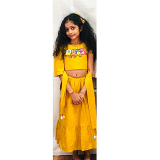 ArthLife Owl Embroidery Mustard Yellow Ghagara Dress - Distacart