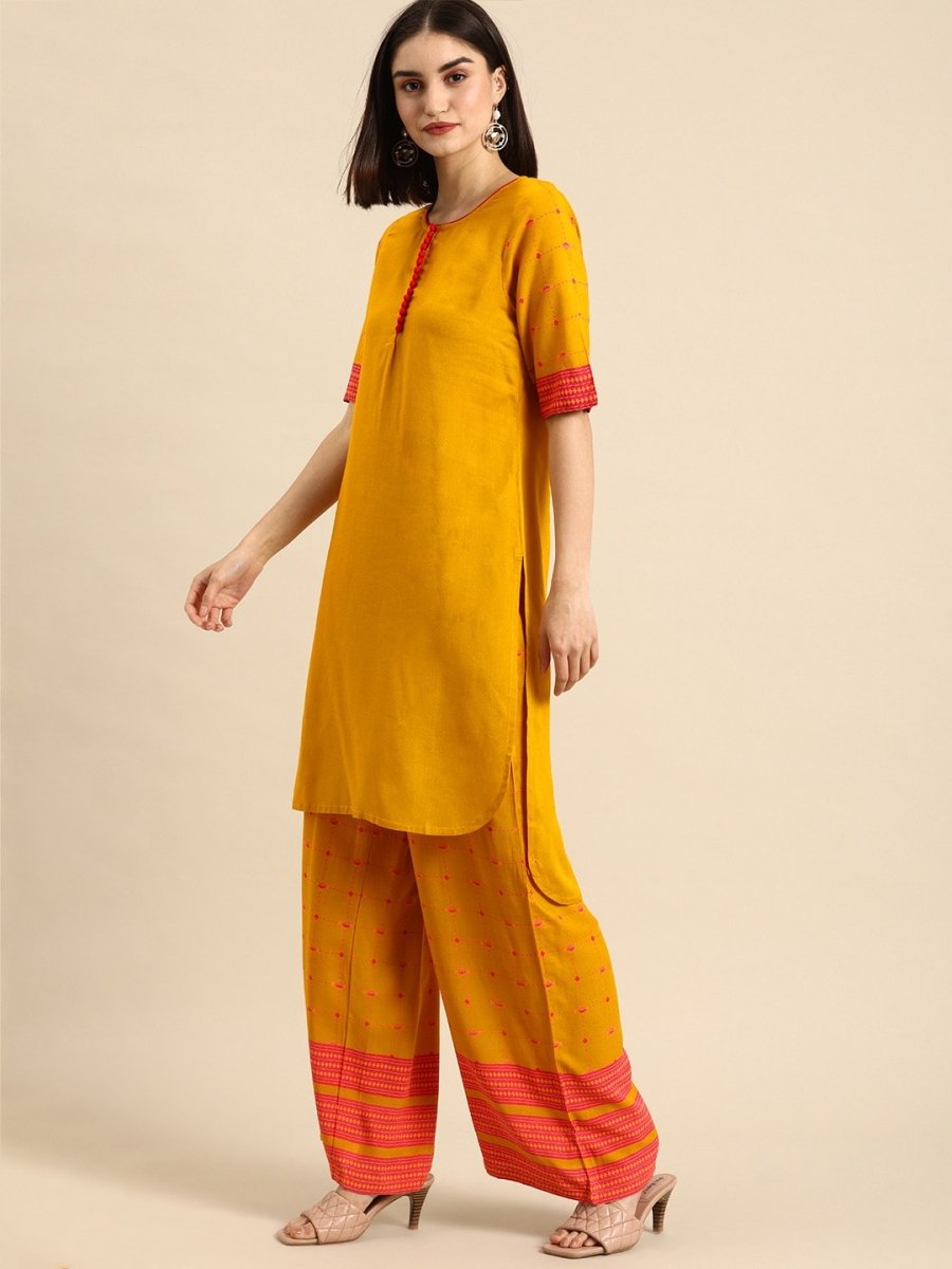 All About You Women Mustard Yellow & Pink Round Neck Regular Kurta with Palazzos - Distacart