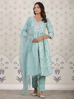 Thumbnail for Ode by House of Pataudi Floral Printed Pure Cotton Kurta With Palozza & Dupatta - Distacart